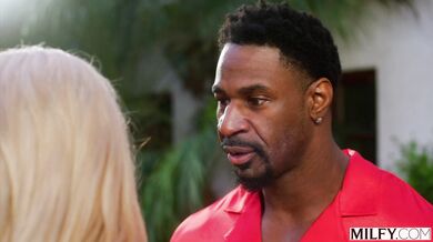 Horny blonde MILF surrender to a massive black cock under the sun in her private garden